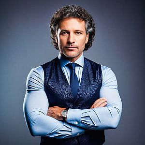 Confident Middle-Aged Man in Blue Vest