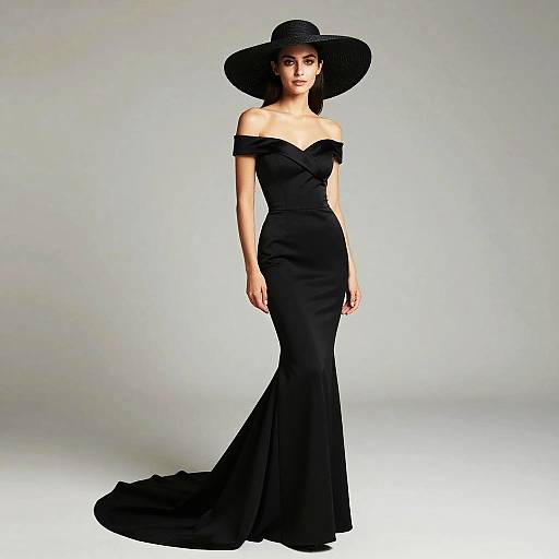Elegant Woman in Black Off-Shoulder Evening Gown with Wide-Brimmed Hat