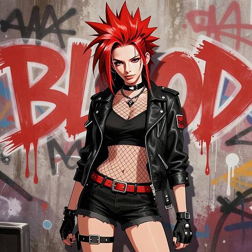 Punk Rock Woman with Red Spiked Hair and Leather Jacket Against Graffiti Wall