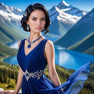 Elegant Woman in Royal Blue Gown by Snow-Capped Mountains