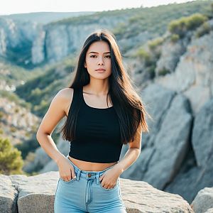 Young Woman in Black Crop Top and Jeans on Rocky Mountain Landscape