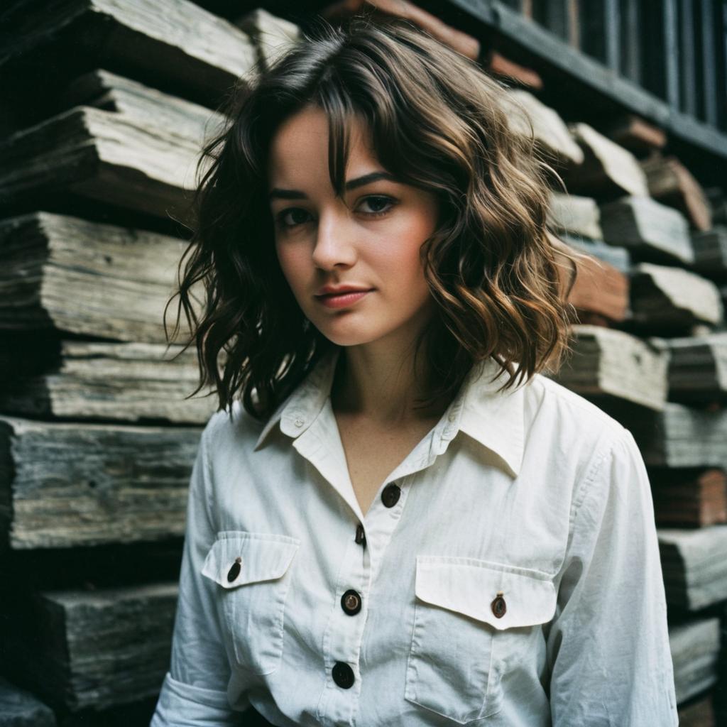 Young Woman in White Shirt Against Rustic Wood Wall