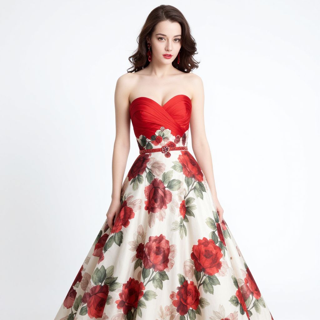 Elegant Red Rose Floral Strapless Ball Gown Dress for Women