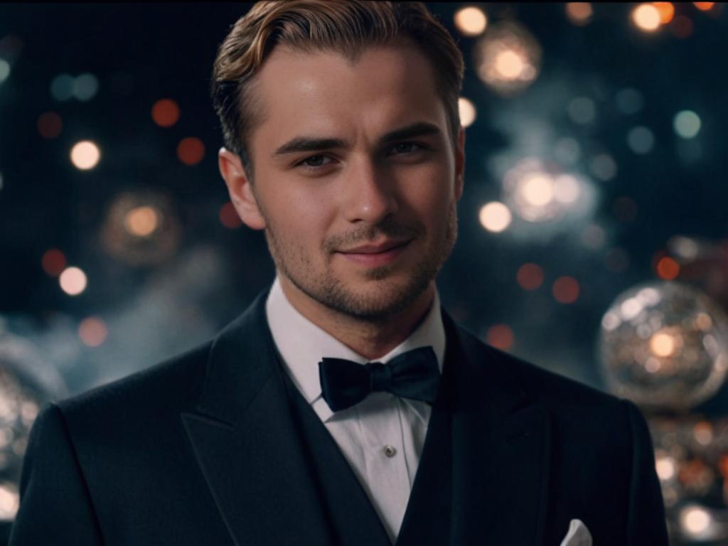 Confident Man in Black Tuxedo Against Glamorous Backdrop