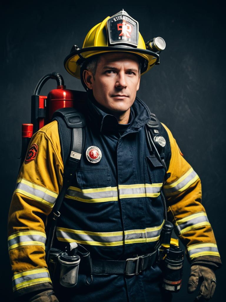 Photorealistic Heroic Portrait of Man in Firefighter Costume