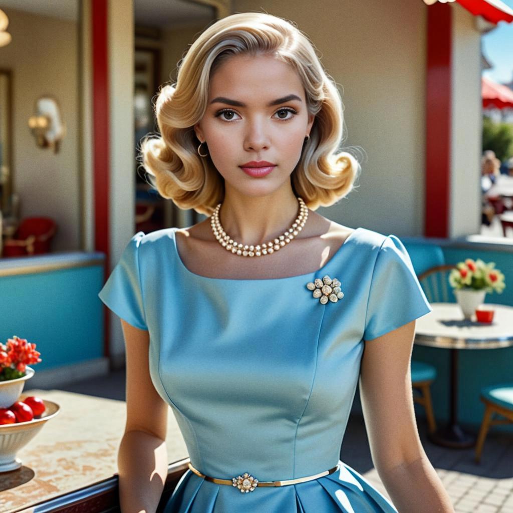 Stylish Woman in Vintage Blue Satin Dress