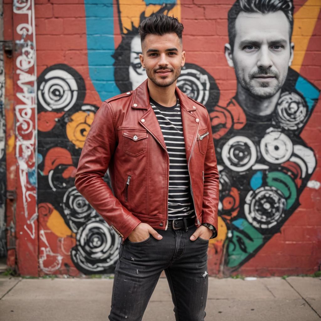 Stylish man in red leather jacket against vibrant mural