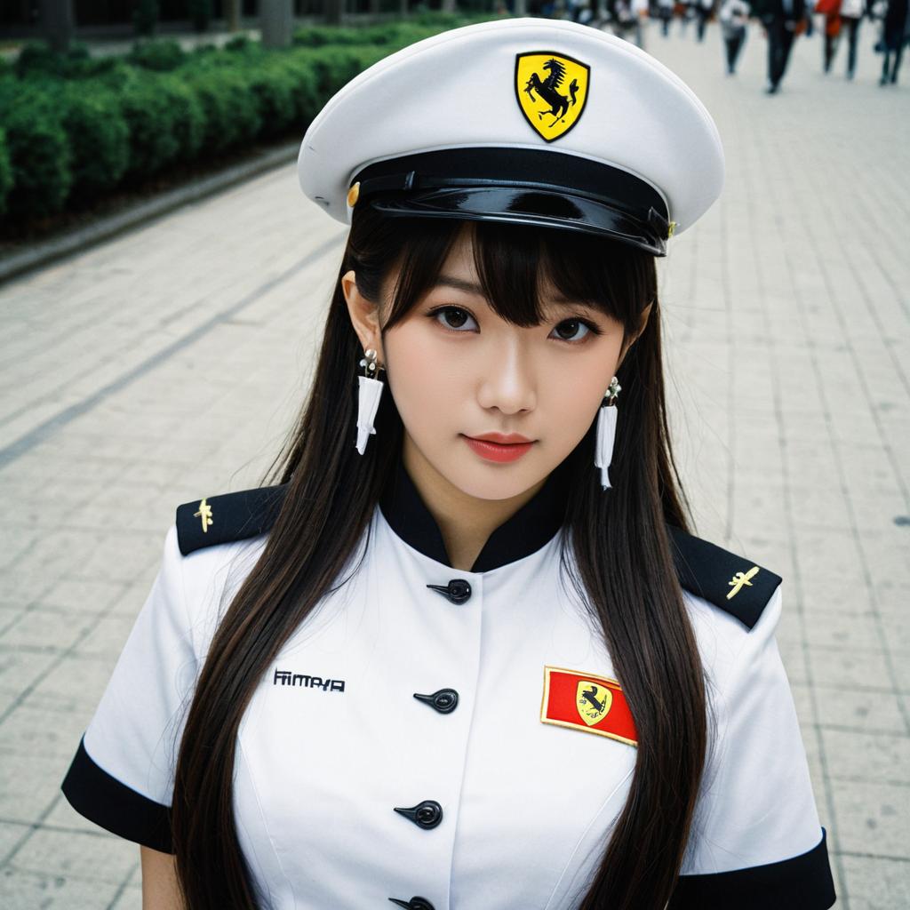 Young Woman in Ferrari Uniform with Cap Outdoors