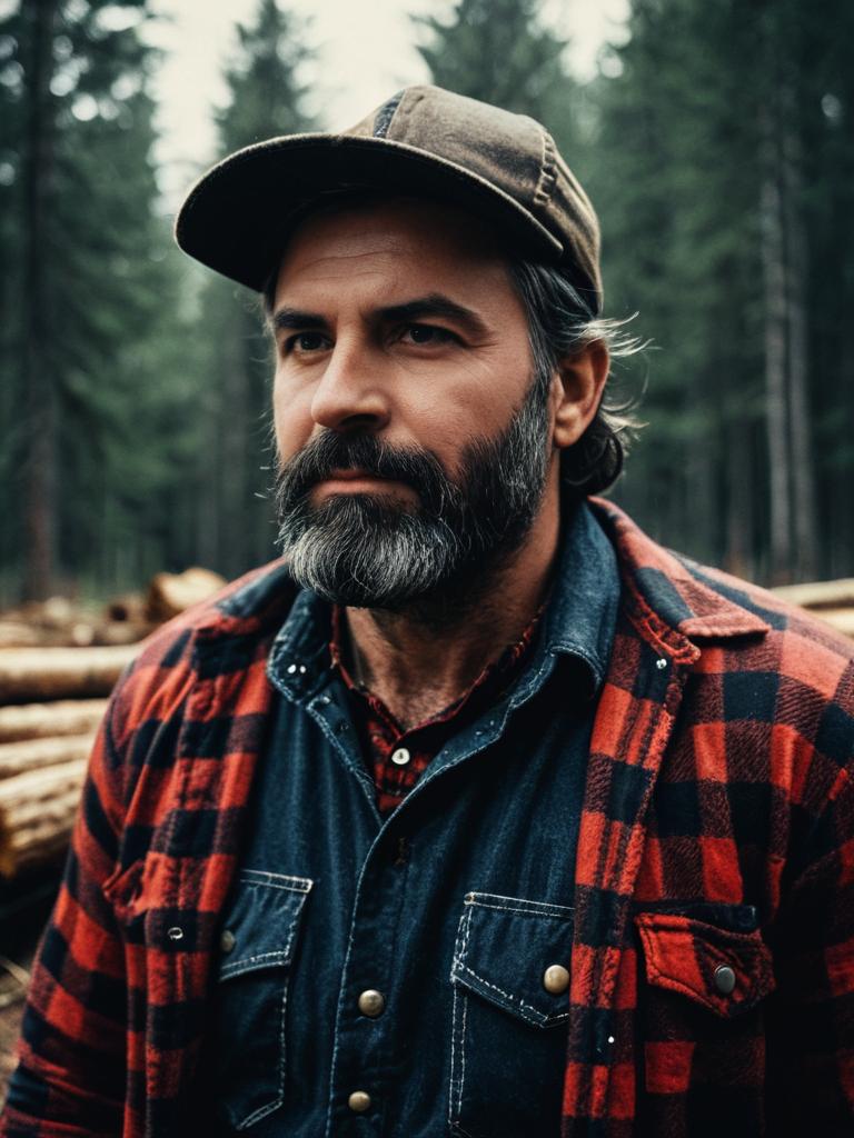 Rugged Man in Lumberjack Costume with Cinematic Realism in Forest