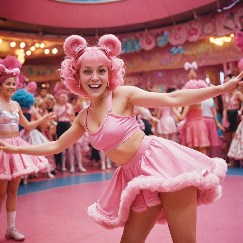 Joyful woman in whimsical costume with pastel pink hair in candy-themed setting