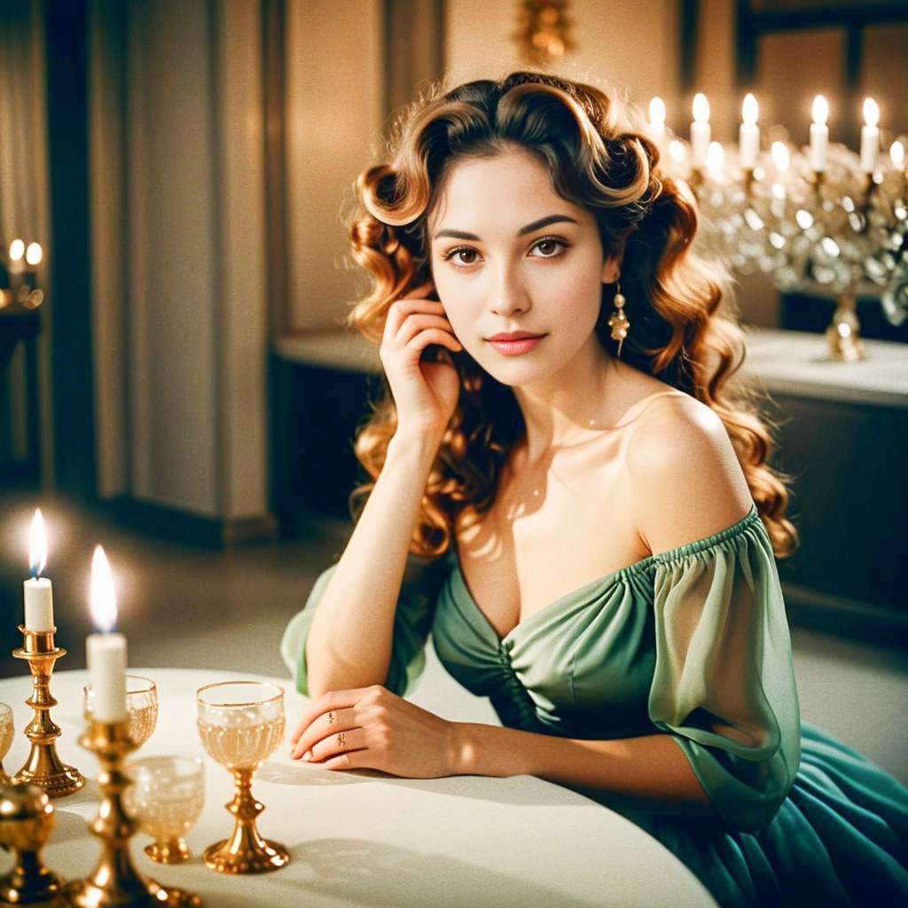 Elegant Woman with Voluminous Curls at Candlelit Table