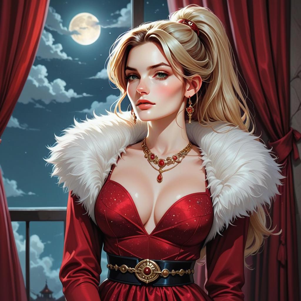 Confident Woman in Red Gown Under Moonlight