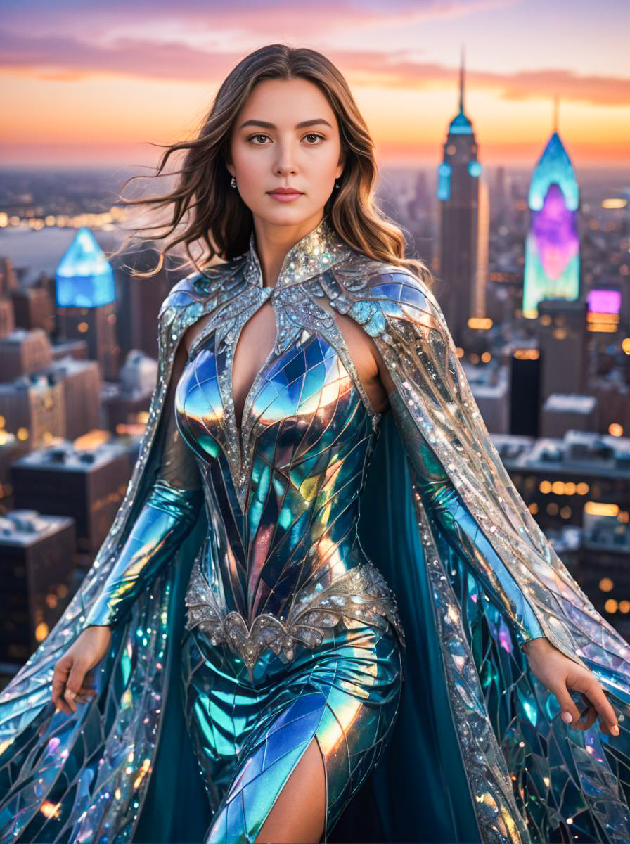 Woman in Crystal Costume Against City Skyline at Sunset