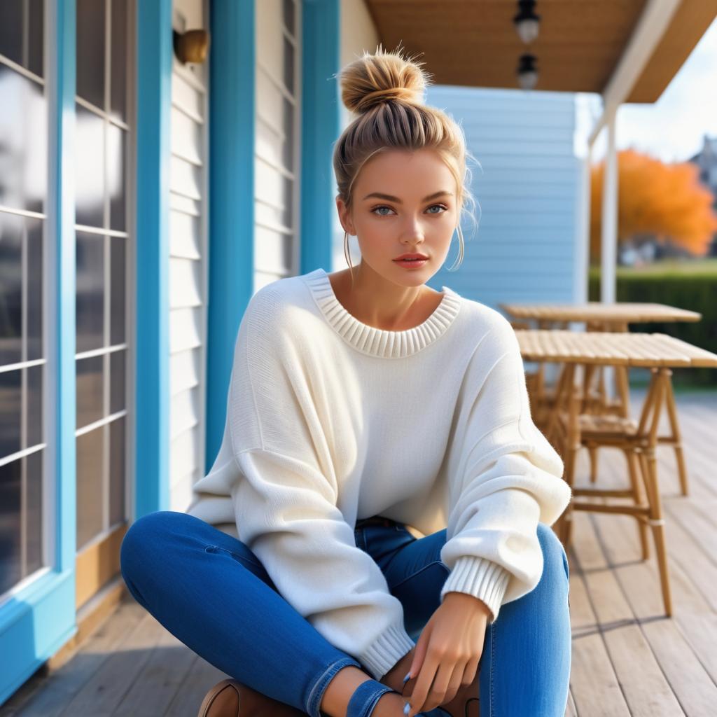 Young Woman in Cozy Sweater on Deck