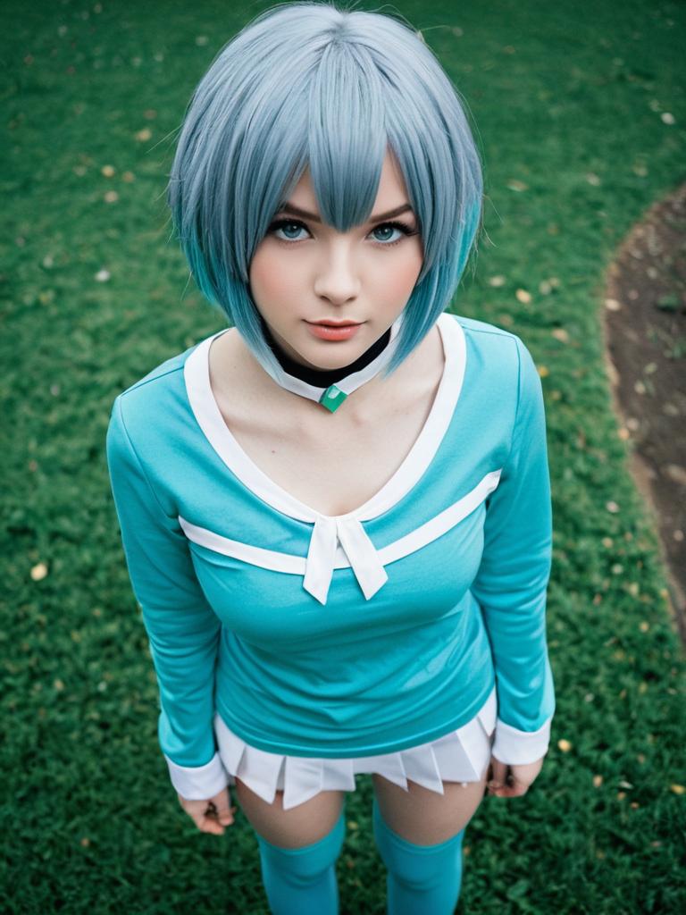 Aoba Moca Cosplay in Turquoise School Uniform with Blue Wig Outdoors