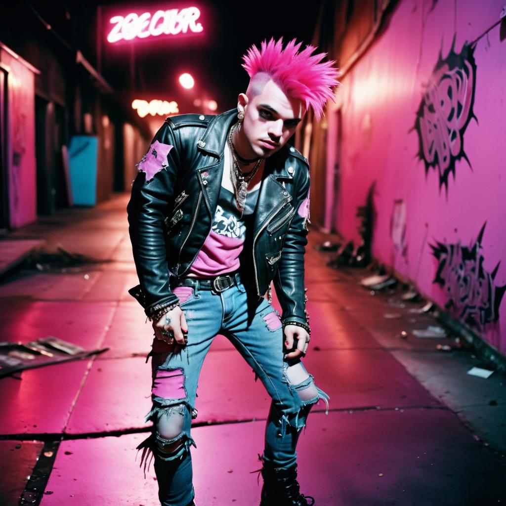 Young Man with Pink Hair in Urban Alley