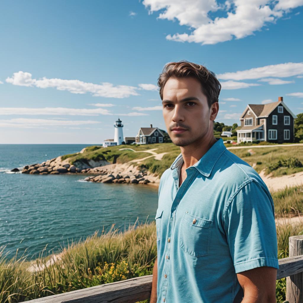 Man at Martha's Vineyard with Lighthouse and Ocean