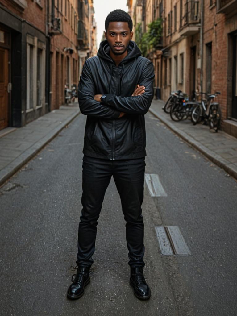 Confident Man in Black Leather Jacket on Urban Street