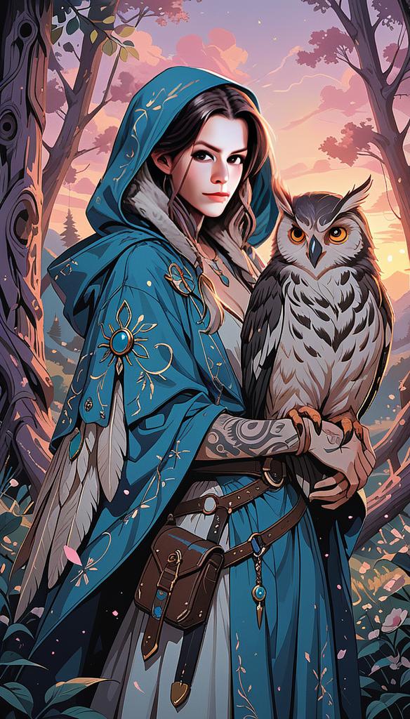 Woman in Blue Cloak with Owl in Magical Forest Woman in Blue Cloak with Owl in Magical Forest