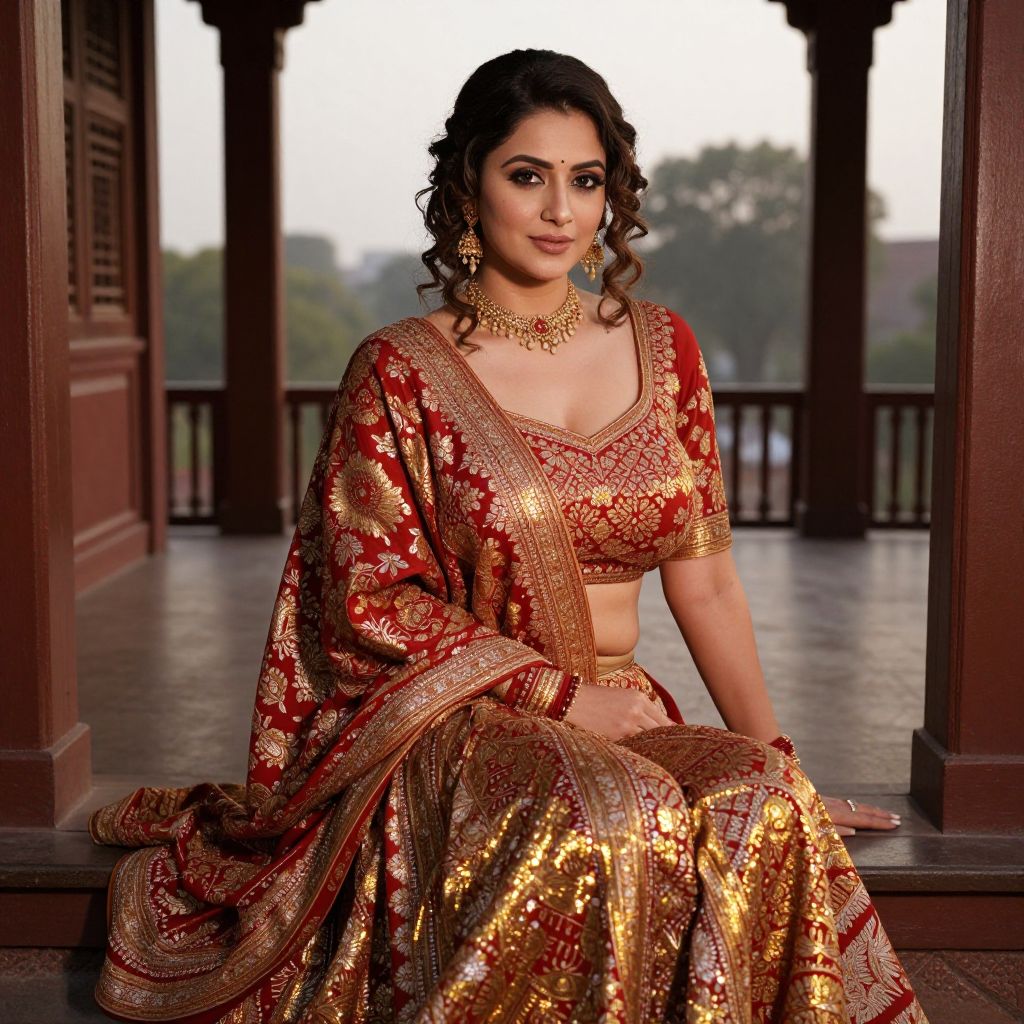 Elegant Woman in Red and Gold Indian Lehenga Traditional Attire