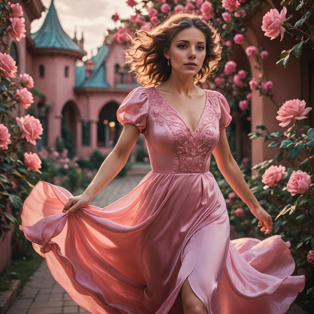 Elegant Woman in Victorian Pink Silk Dress in Garden