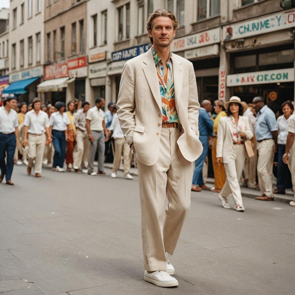 Confident Man in Chic Beige Suit with Vibrant Shirt