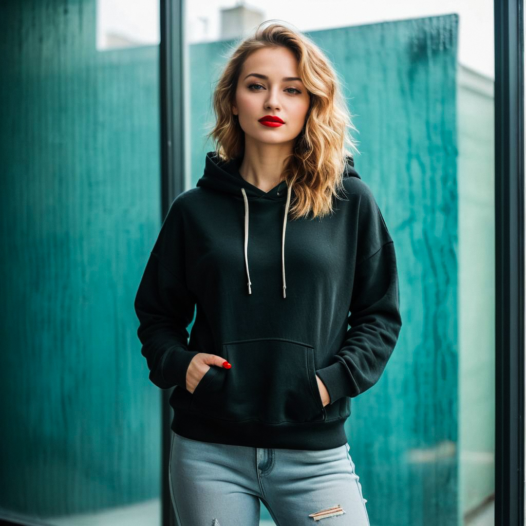 Confident young woman in black hoodie and ripped jeans