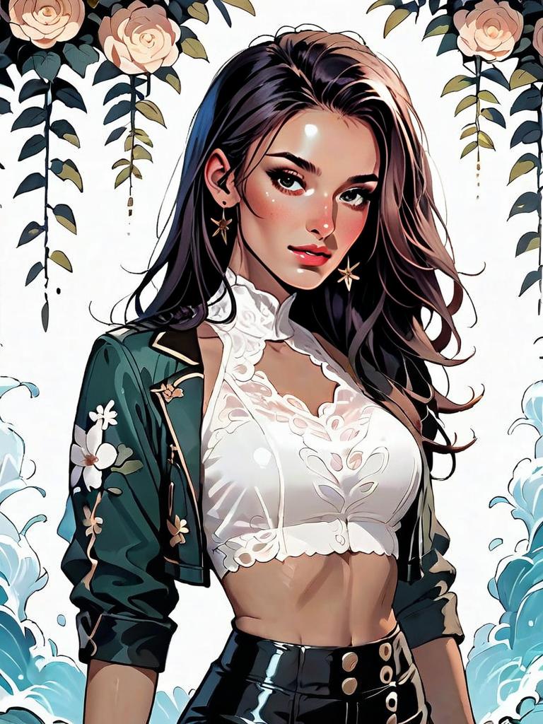 Stylish Young Woman in Modern Anime Art with Floral and Water Elements