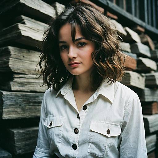 Young Woman in White Shirt Against Rustic Wood Wall