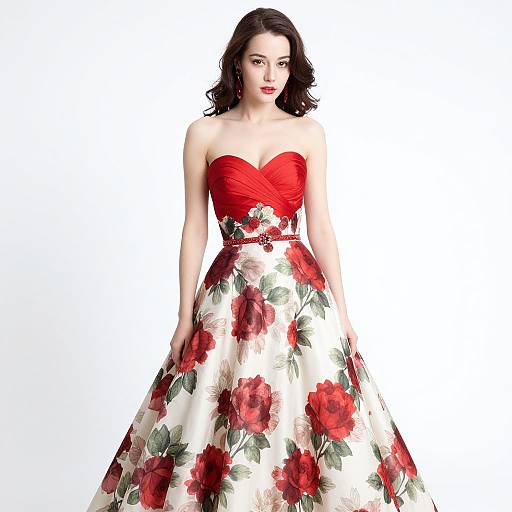 Elegant Red Rose Floral Strapless Ball Gown Dress for Women