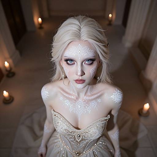 Fantasy Portrait of Woman with White Tribal Body Paint and Pearl Embellished Dress