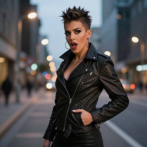 Confident Woman in Black Leather Jacket with Punk Hairstyle on Urban Street