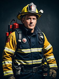 Photorealistic Heroic Portrait of Man in Firefighter Costume