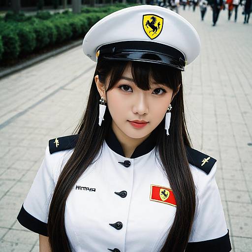 Young Woman in Ferrari Uniform with Cap Outdoors