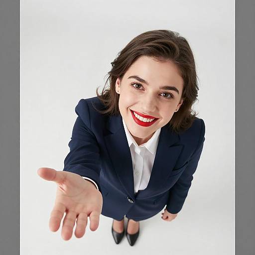 Confident Woman in Navy Business Suit Reaching Out with Smile