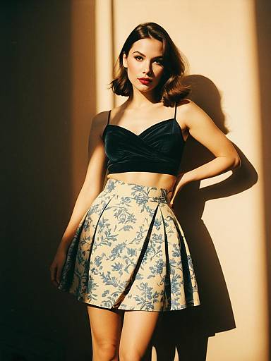 Casual Chic Woman in Black Crop Top and Floral Pleated Skirt