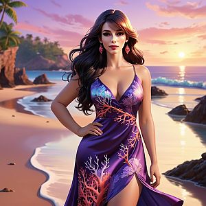 Woman in Purple Dress on Tropical Beach at Sunset