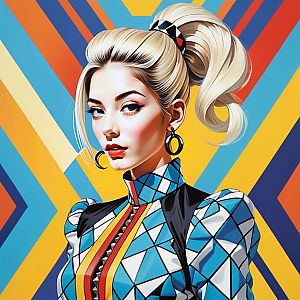 Stylish Woman in Colorful Geometric Outfit