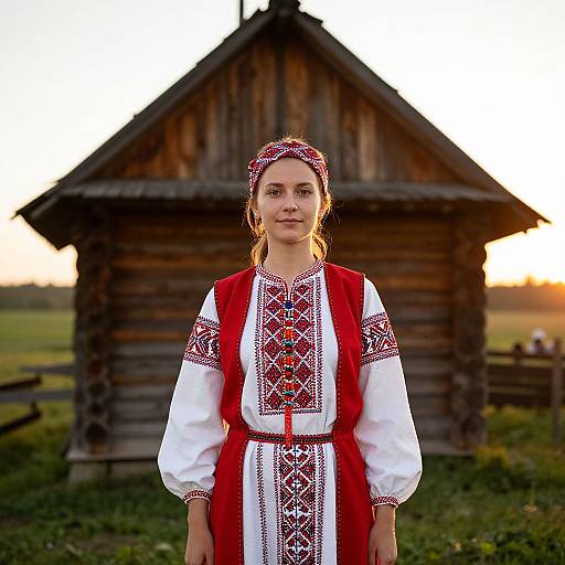 Woman in Traditional Eastern European Embroidered Folk Dress Standing by Wooden Cabin