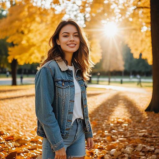 Young Woman in Denim Jacket Enjoying Autumn Park with Golden Foliage