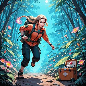 Woman Running in Vibrant Forest with Backpack