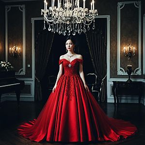 Elegant Woman in Red Ball Gown in Victorian Room