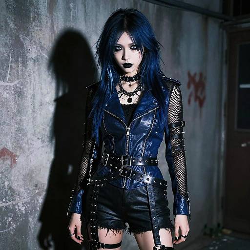 Gothic Style Woman in Blue Leather Jacket and Black Fishnet Outfit