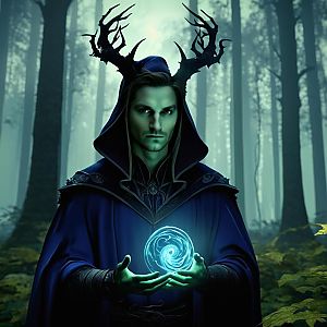 Mystical Man in Dark Cloak with Glowing Orb in Eerie Forest
