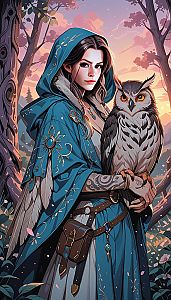 Woman in Blue Cloak with Owl in Magical Forest