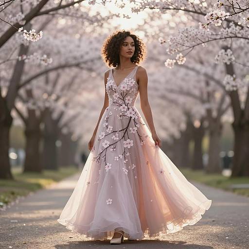 Woman in Floral Embroidered Gown Among Cherry Blossom Trees in Spring