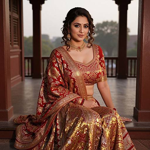 Elegant Woman in Red and Gold Indian Lehenga Traditional Attire