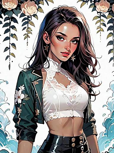 Stylish Young Woman in Modern Anime Art with Floral and Water Elements