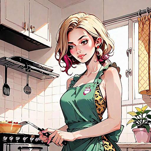 Beautiful Young Woman Cooking in Modern Kitchen Digital Anime Art