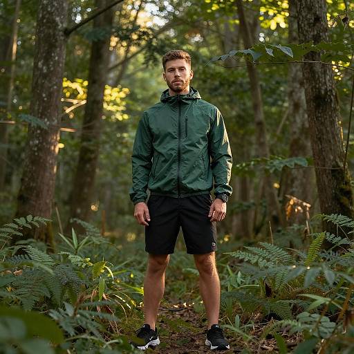 Man in Green Windbreaker Jacket and Black Shorts Standing in Forest